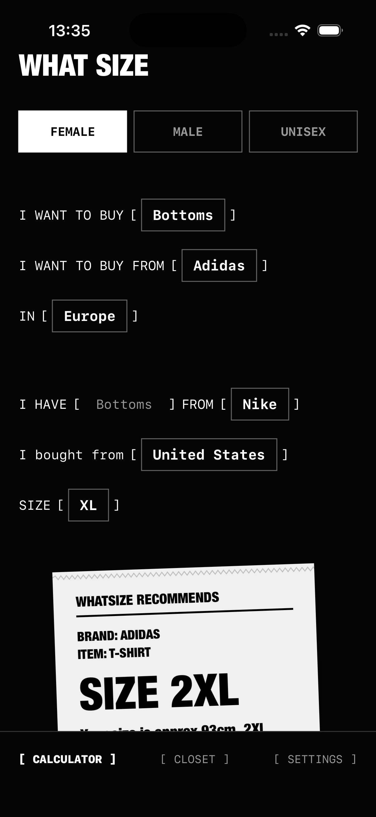 WhatSize app showing size conversion from Adidas Asia to Size M with waist 81-86cm